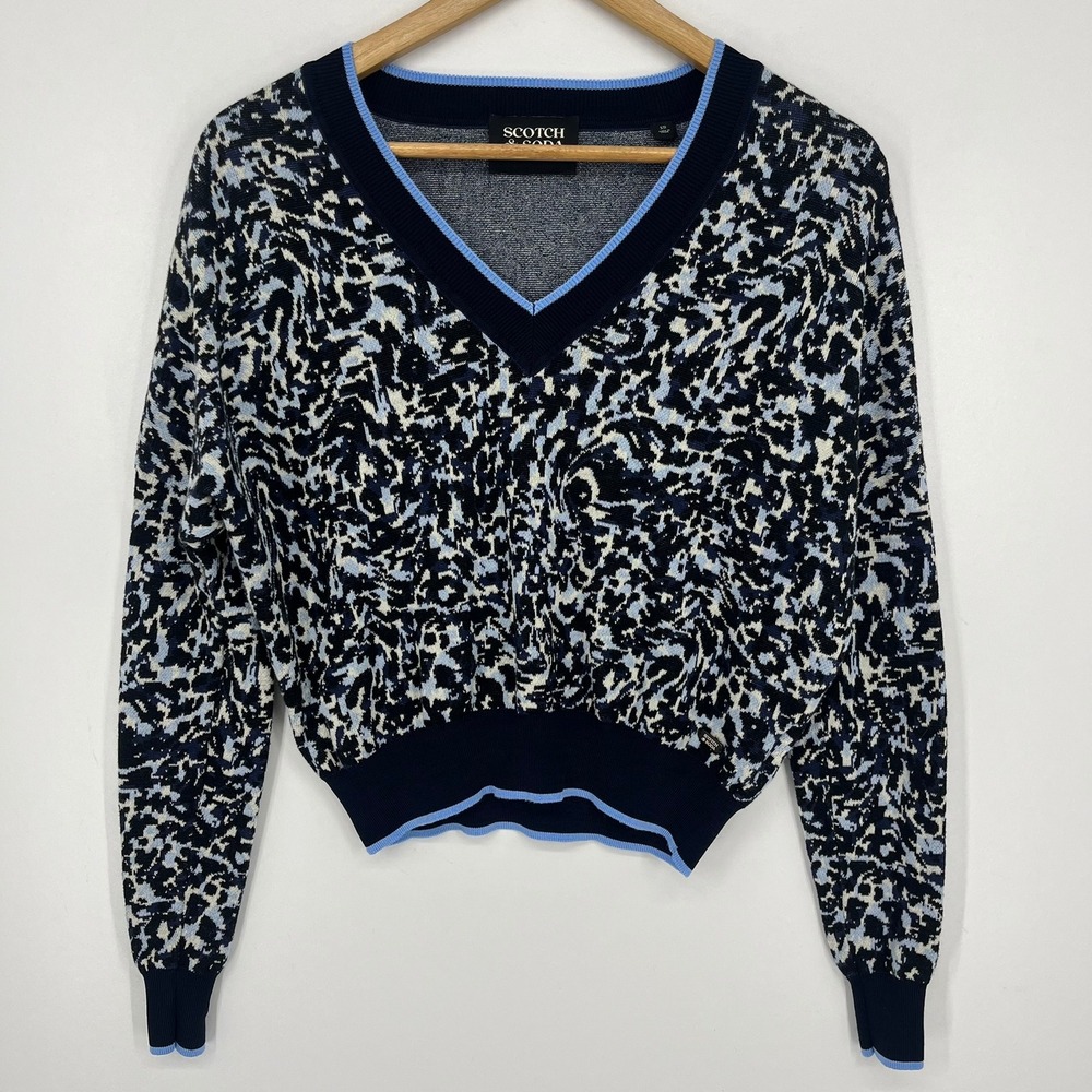 Scotch‎ & Soda Women Blue Abstract Animal Print Organic Cotton V-Neck Sweater XS